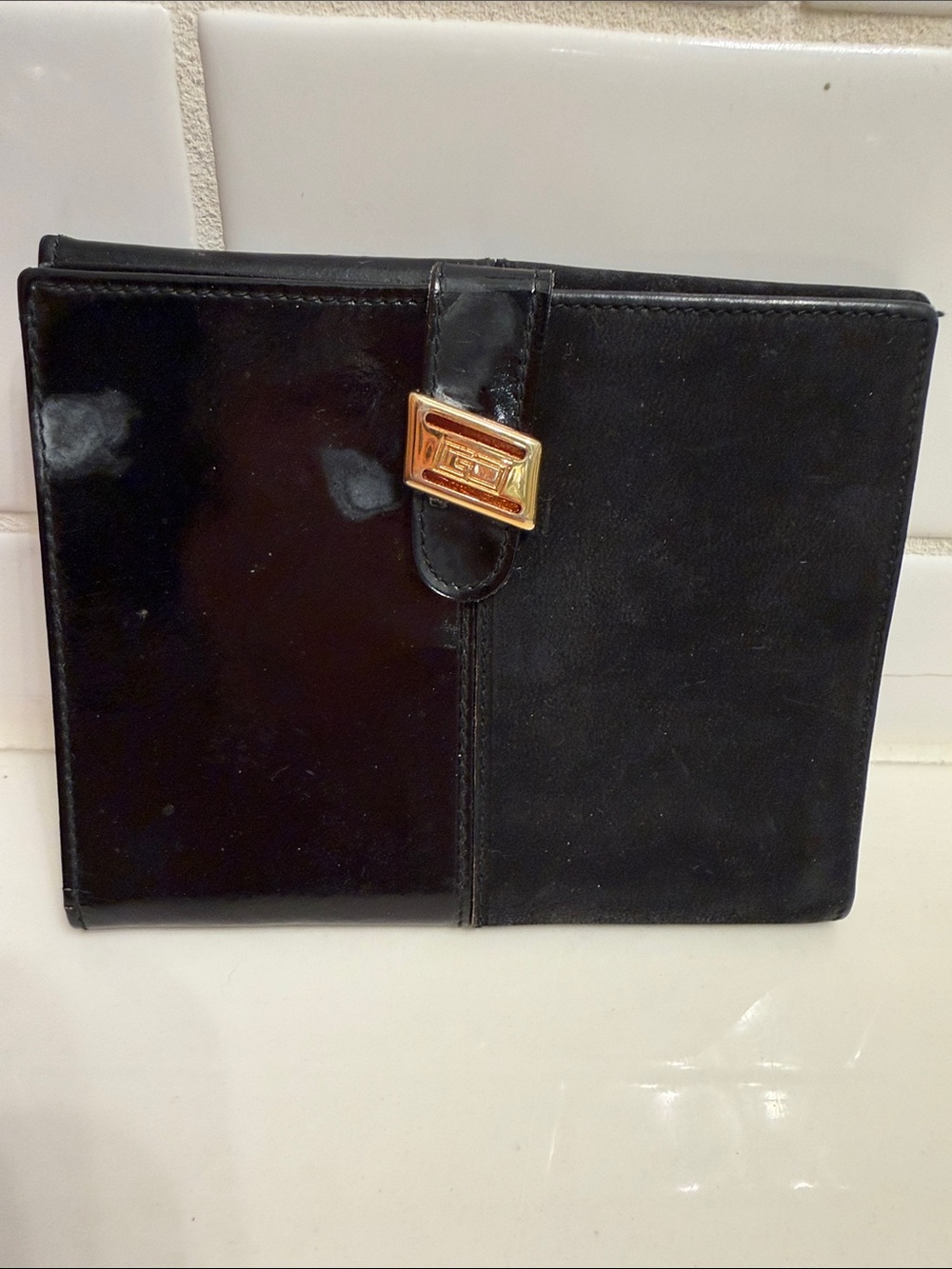 Black Patent and Suede Wallet with Gold Accent
